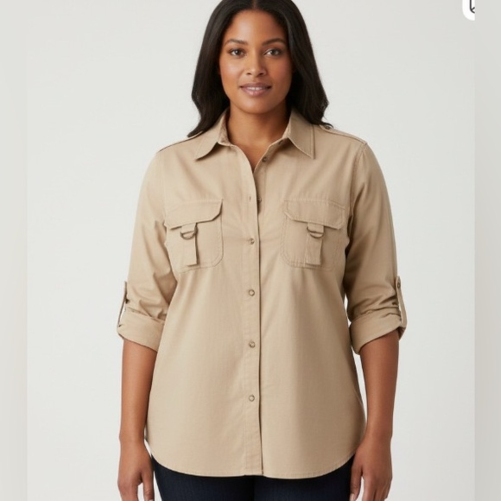 At Last Tan Safari Button Down Roll Tab Sleeves & Cargo pocket & D ring accent2X